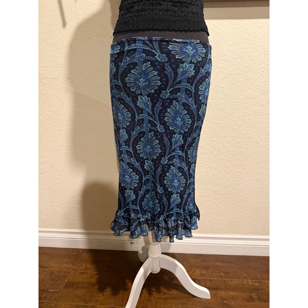 Lip Service Vintage Blue Paisley Floral Ruffle Hem Midi Skirt Y2K 90s Size 12 - Picture 3 of 8
